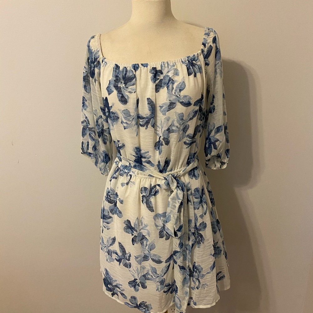 Off the shoulder blue and cream floral dress